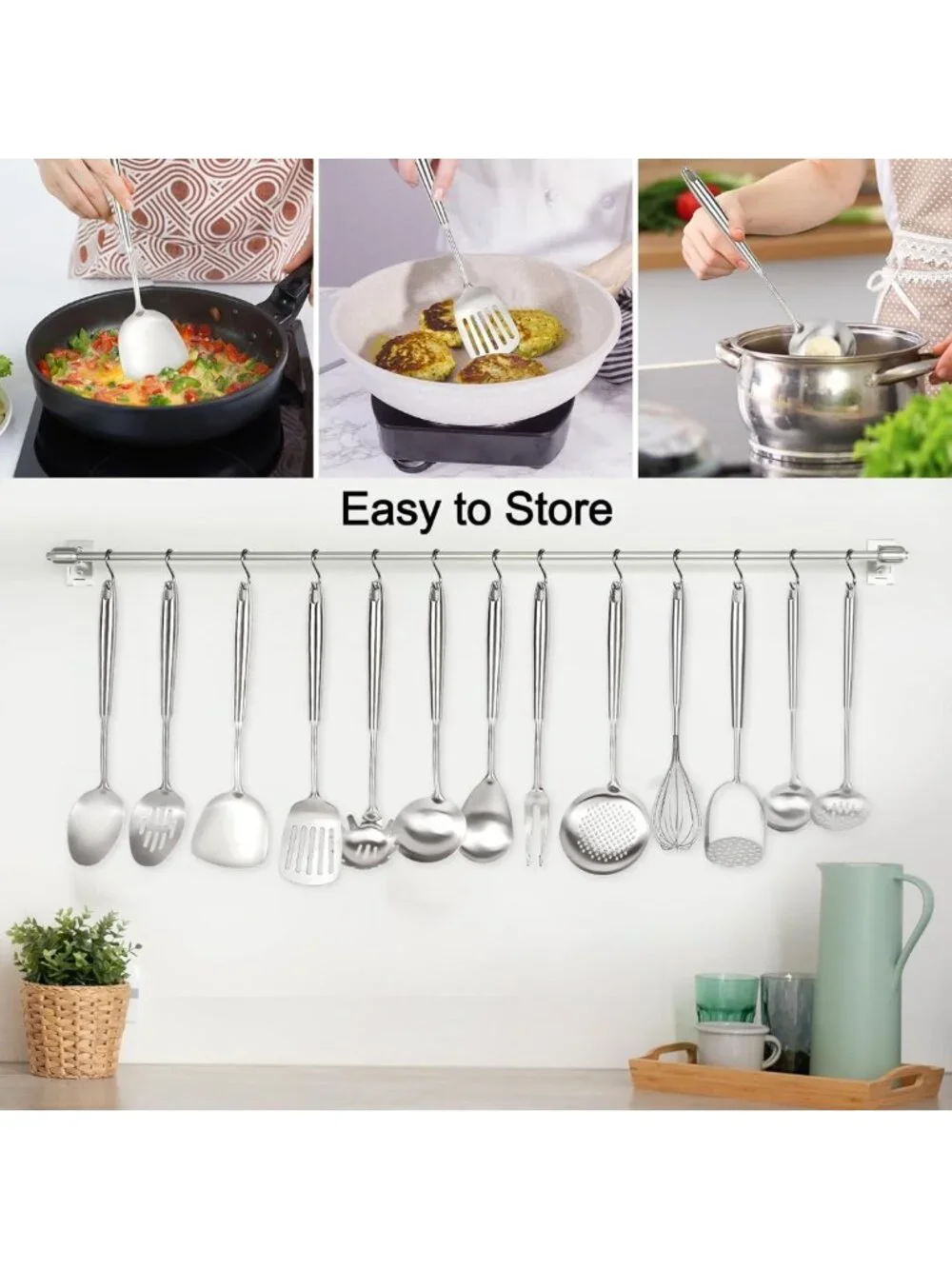 16PCS Stainless Steel Cooking Utensils Set - Metal Kitchen Tools, Dishwasher